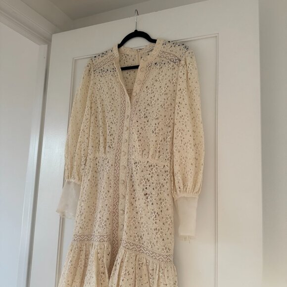 Veronica Beard Lace Mini Dress Sz 4 In Stone Khaki Button Down Ruffle Skirt - Picture 6 of 11